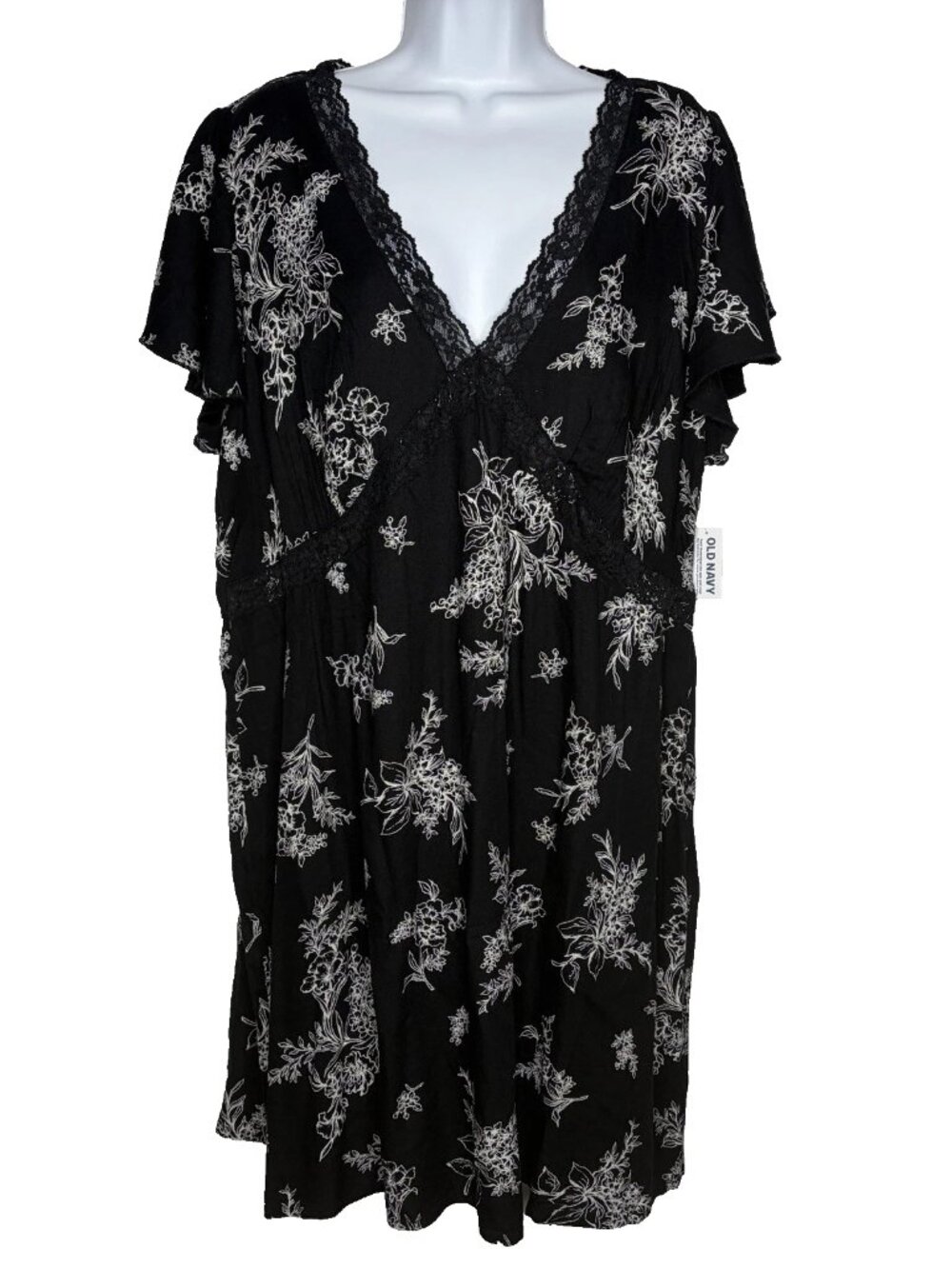 Old Navy Fit Flare Crepe Mini Dress Size XL Black Jack Floral Lace Trim